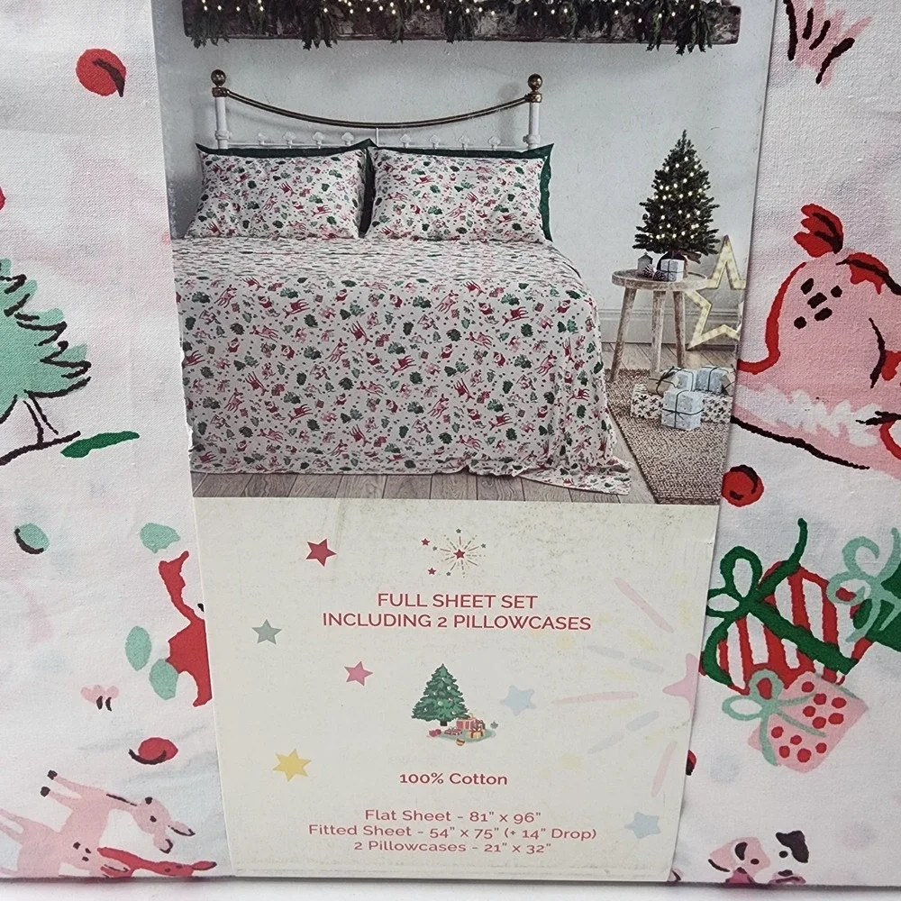 Cath Kidston London FULL Christmas Ditsy Deer Pink Cotton 200 Count Sheet Set